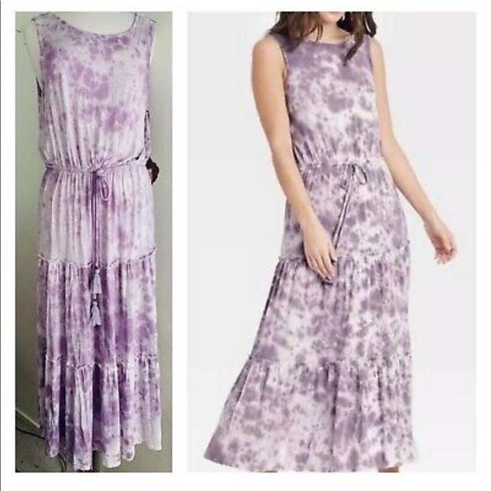 Knox Rose Sleeveless Maxi Dress Size L Tiered Ruffle Lavender Bliss Tie Dye NWT